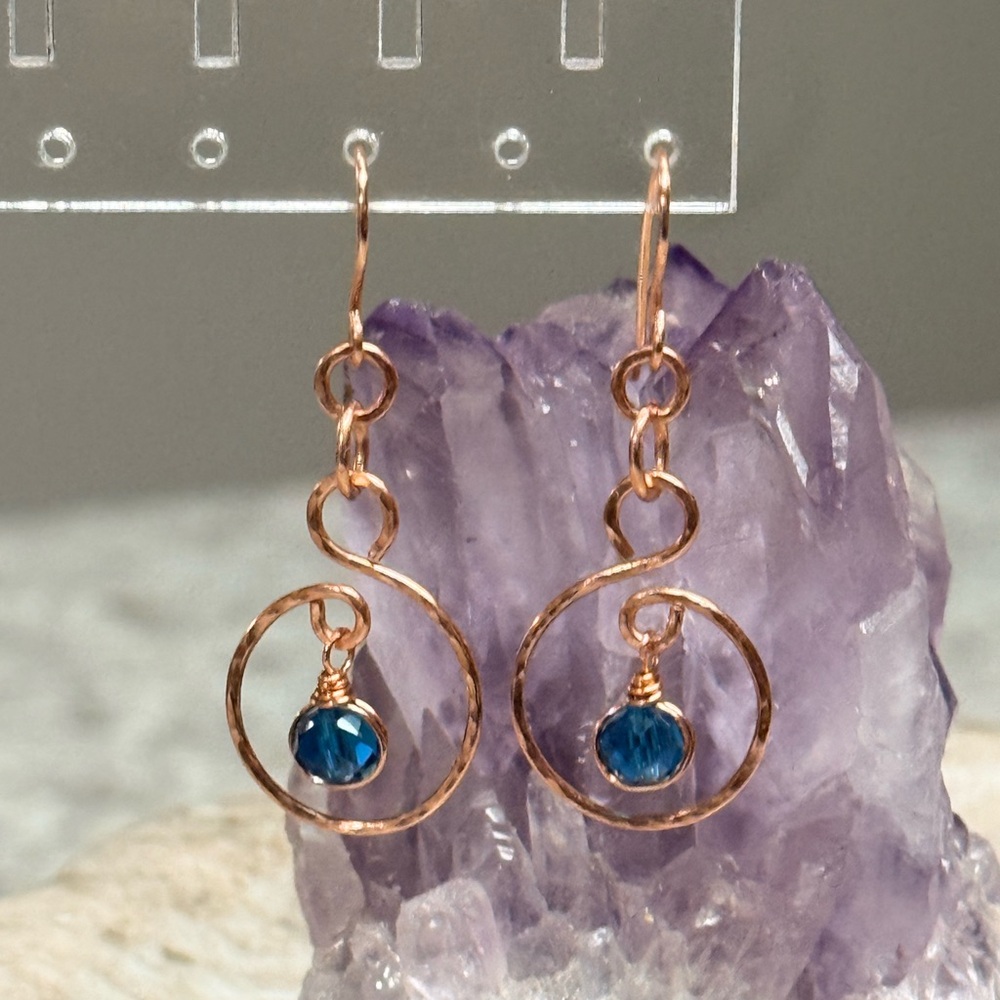 Hammered Copper Swan Hoops With London Blue Swarovski Crystals Accents